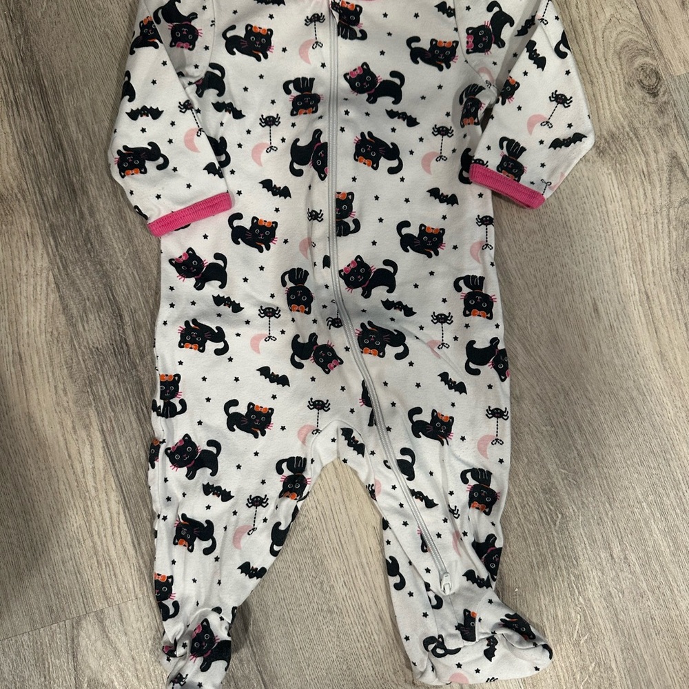 White and Black Cat Print Footie One Piece